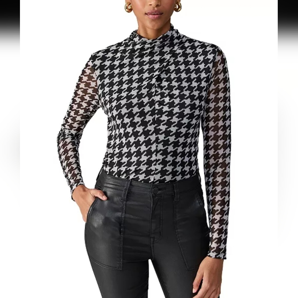 Houndstooth Long Sleeve Top - Black and White Size Medium